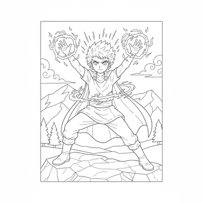 A lightning mage with electricity arcing between raised fingertips, body tensed coloring page