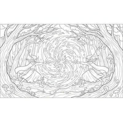 A magical forest battle scene with two mages facing each other from opposite coloring page
