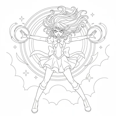 A magical girl casting a spell with both arms spread wide, light energy coloring page