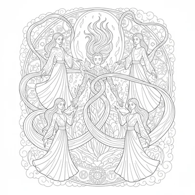 A magical power upgrade ceremony where a team of four stands in a formation coloring page
