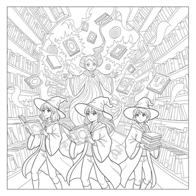 A magical school library where books float and reorganize themselves, a student coloring page