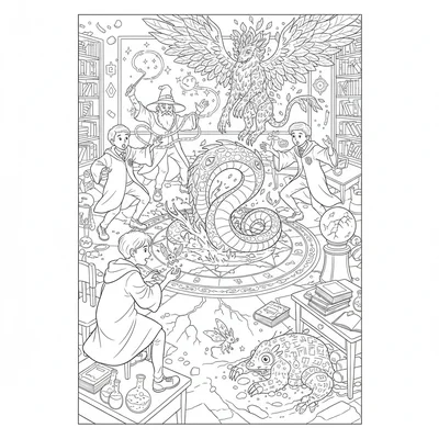 A magical school summoning class gone chaotic, four students each coloring page