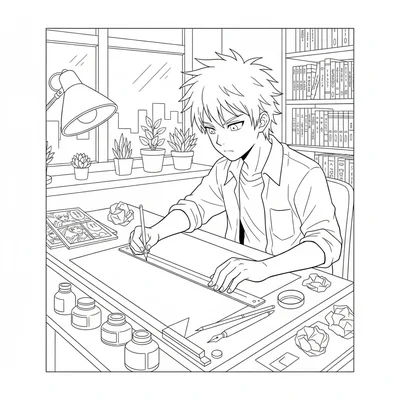A manga illustrator at a professional drafting desk drawing at speed, one hand coloring page