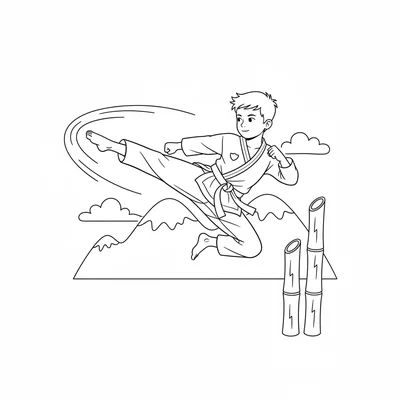 A martial artist in a flying side kick, body angled horizontally through coloring page