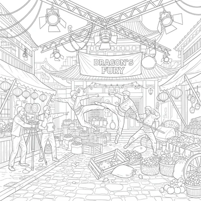 A martial arts movie filming on location with four stunt actors coloring page