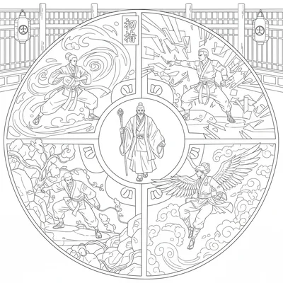A martial arts styles showcase where four practitioners of different styles coloring page