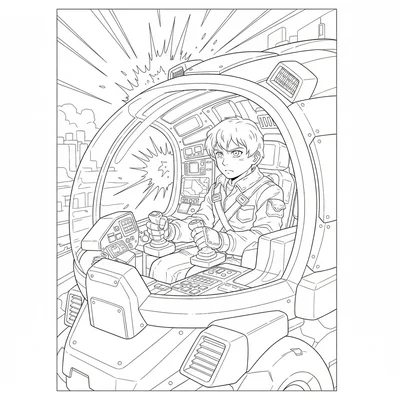A mecha pilot in a cockpit mid-battle, visible through the round cockpit glass coloring page