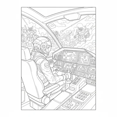 A mecha pilot in a cockpit with visible dashboard array, multiple screens coloring page