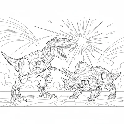 A mecha T-Rex and armored Triceratops facing each other in battle stance, energ… coloring page
