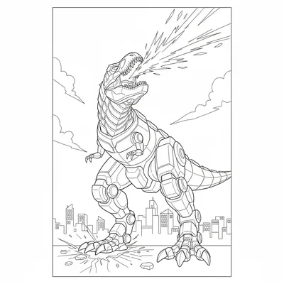 A mecha T-Rex in angular armor plating, energy beam firing from its open jaws i… coloring page