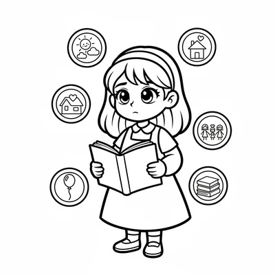 A memory keeper girl in a simple archival outfit with tiny floating memory orbs coloring page