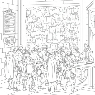 A mercenary guild hall bulletin board scene with a crowd coloring page