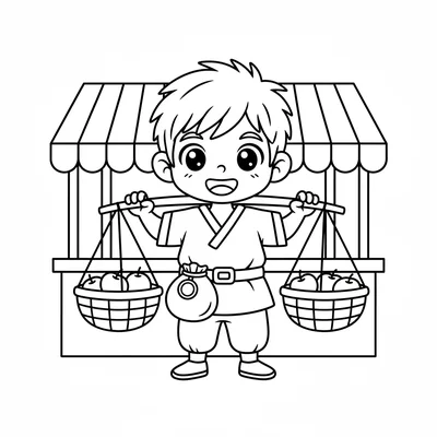 A merchant boy with a simple traveling outfit, large cheerful anime eyes coloring page