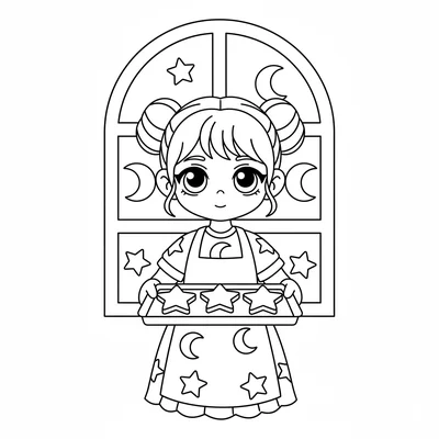 A midnight baker girl with a simple apron over a dark outfit decorated coloring page