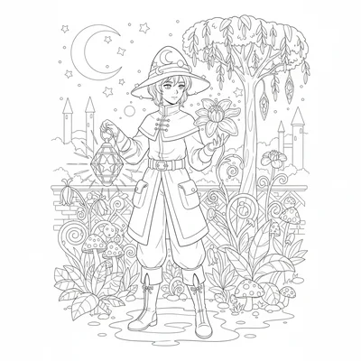 A midnight garden caretaker tending to plants that only bloom at night coloring page