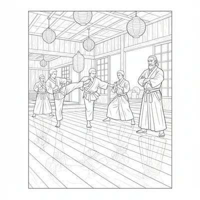 A midnight training session in a traditional dojo, five students in hakama coloring page