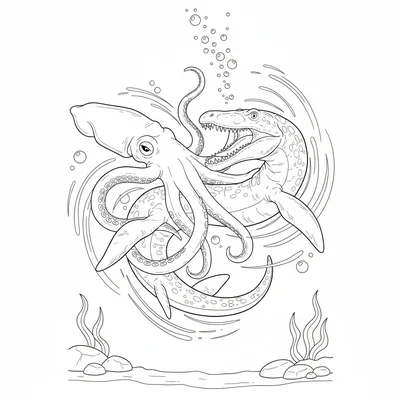 A Mosasaurus and a giant squid locked in an underwater clash, tentacles wrapped… coloring page