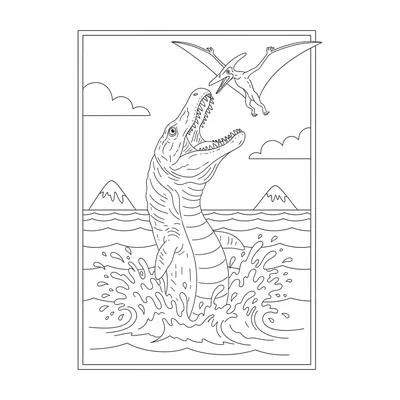 A Mosasaurus breaching the ocean surface vertically, its full body visible abov… coloring page