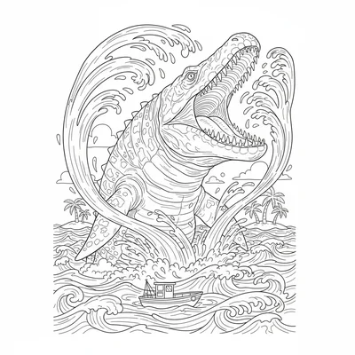 A Mosasaurus bursting from ocean waves in kaiju style, jaws wide open, water sp… coloring page