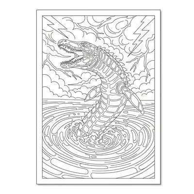 A Mosasaurus kaiju emerging from a whirlpool, spiraling water lines around its… coloring page
