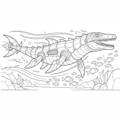 A Mosasaurus with torpedo-like mechanical body enhancements, speeding through u… coloring page