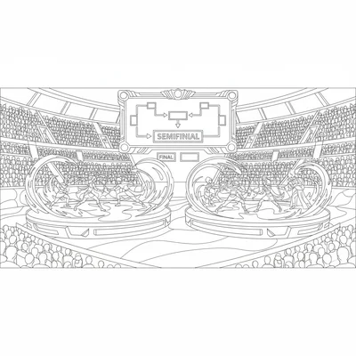 A multi-team tournament bracket semifinal round displayed in a large arena, two coloring page