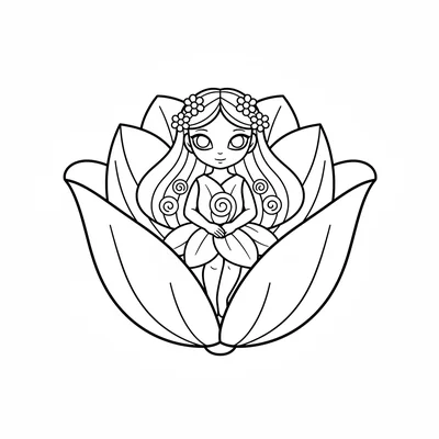 A nature spirit girl sitting in a giant flower cup, the petals curving around coloring page