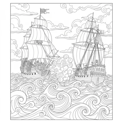 A naval battle scene with two ships of different design facing each other coloring page