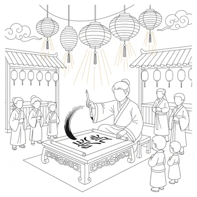A night market calligrapher doing live calligraphy performance, brush moving coloring page