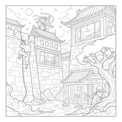 A ninja squad infiltrating a fortress at night, three ninjas visible coloring page
