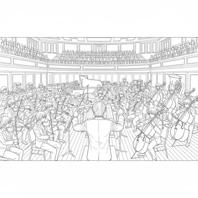 An orchestra performance climax with the full ensemble visible coloring page