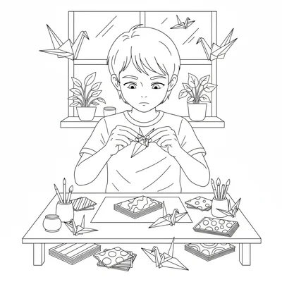 A paper crane origami master creating a tiny crane with precise finger coloring page