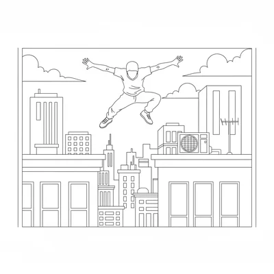 A parkour runner launching over a rooftop gap, body fully airborne coloring page