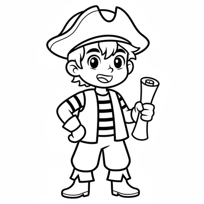A pirate boy with a simple tricorn hat perched on tousled hair, large coloring page
