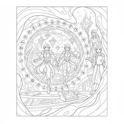 A portal chamber with a young mage team stepping through a swirling dimensional coloring page