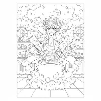 A potion mixer urgently combining ingredients from multiple vials at once, both coloring page