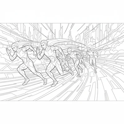 A race sequence with five competitors in a futuristic track race at a critical coloring page