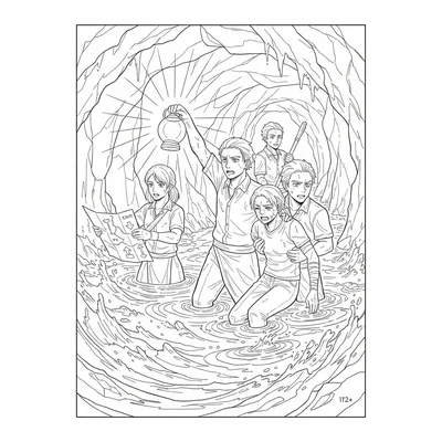 A rescue mission through a flooding underground passage, four characters wading coloring page