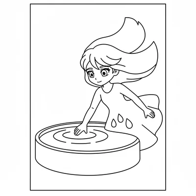 A river guardian girl in a simple flowing outfit with water droplet accents coloring page