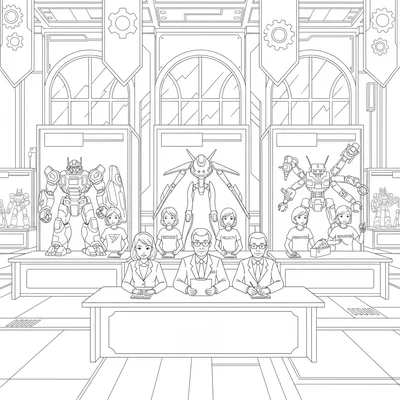 A robot design competition with three student teams presenting their robots coloring page