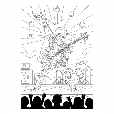 A rock guitarist at the peak of a solo, guitar raised, fingers mid-chord coloring page
