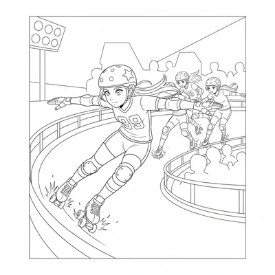 A roller derby skater accelerating around a banked curve, leaning deep into coloring page