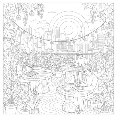 A rooftop garden sanctuary at sunset with three students studying together coloring page