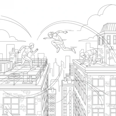 A rooftop parkour sequence with three runners at different stages of crossing coloring page