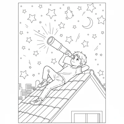 A rooftop stargazer lying on a slanted roof at night, one knee raised coloring page