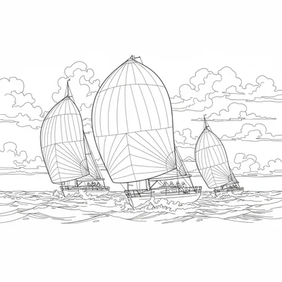 A sailing race at sea with three racing yachts visible in a competitive coloring page