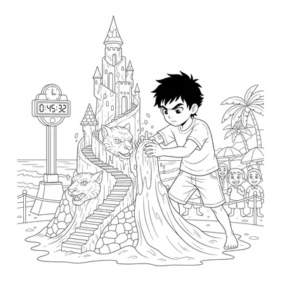 A sand sculptor at a beach competition working fast with both hands on a large coloring page