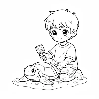 A sand sculptor boy on a beach with a partially completed sand sculpture beside coloring page