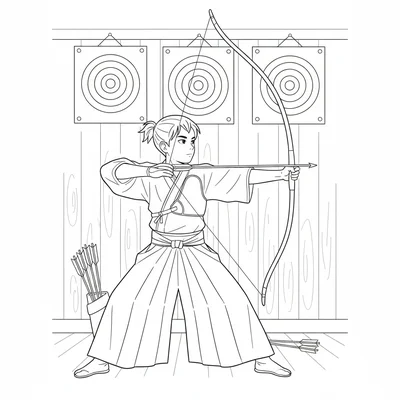 A school archery club member drawing a traditional yumi longbow to full draw coloring page