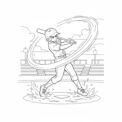 A school baseball player mid-swing, bat sweeping through a wide arc, eyes coloring page